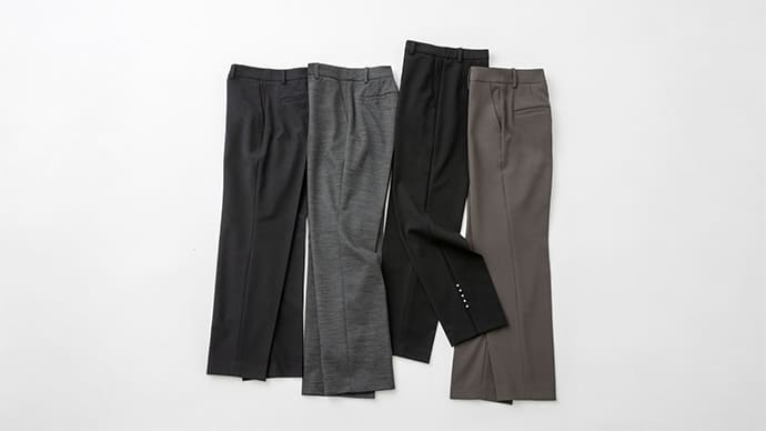 (左から)「アマカ」「トランスワーク」「トゥー ビー シック」「エス エッセンシャルズ」のパンツ